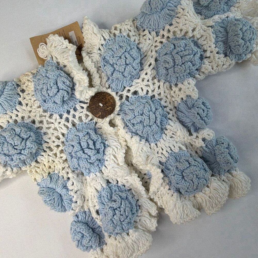 2H Knits Handknit Cardigan Baby Sweater Sz 6-12 months white blue flowers